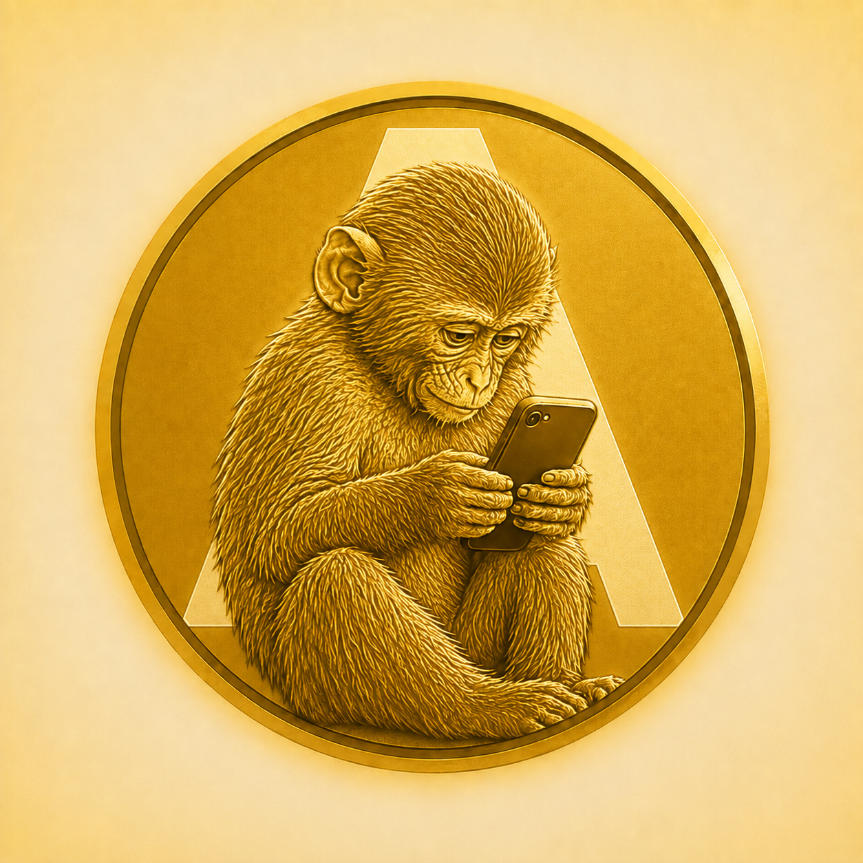 Golden ape holding a phone inside an APE COIN emblem